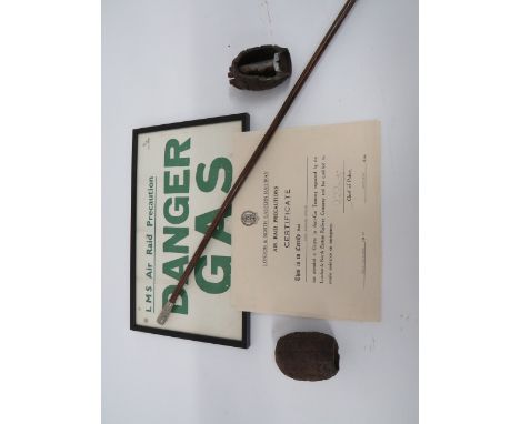 Selection of Various Military Items consisting LMS Air Raid Precaution Danger Gas printed sign ... London 7 North East Railwa