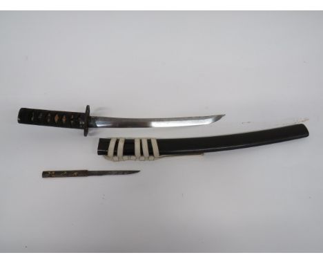 Japanese Wakizashi Signed Tang Short Sword 12 3/4 inch, single edged blade. Tang with faint character signature. Silvered scr