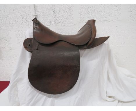 Rare British Army 1856 Converted Pattern Wooden Arch Issue Saddle rare 1871 date stamped example.  Dark brown leather saddle 