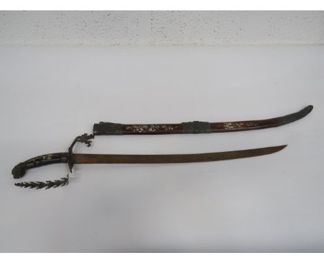 20th Century Chinese Decorative Sword 27 1/2 inch, single edged, brass blade.  Brass guard with dragon decoration (broken).  