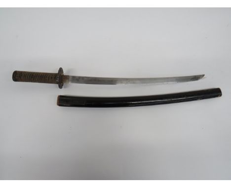 Japanese Wakizashi Short Sword 20 1/4 inch, single edged blade (some edge chips).  Silvered copper habaki.  Steel scroll edge