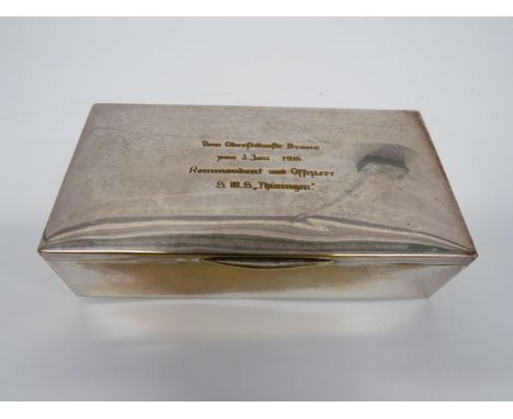 Imperial German Desk Cigarette Case 'SMS Thuringen' silvered, rectangular table top cigarette case.  The lid engraved 'Dem Ob