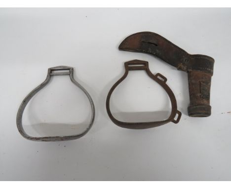 Boer War Period Cavalry Lance Bucket brown leather, conical lance bucket with side securing bracket stamped '02'.  Together w