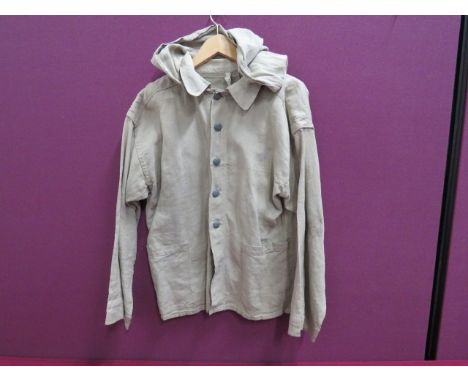 German Fatigue Tunic cream tan herringbone canvas material, single breasted, closed collar tunic.  Turn down collar with adde
