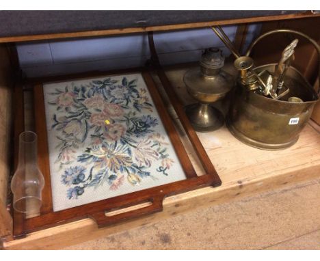 A shelf of assorted, to include brass bucket etc.