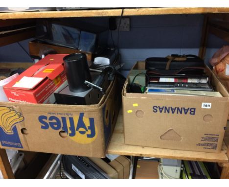 Three boxes of assorted, to include radio and slide projector etc.