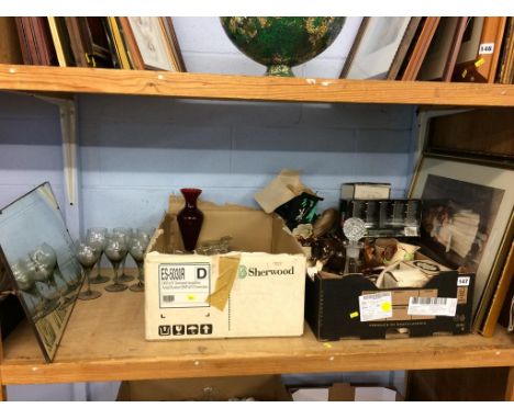 A shelf of assorted glass and ornaments etc.