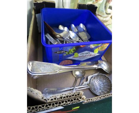 TRAY OF SILVER-PLATED CUTLERY, SOME STAMPED CHRISTOFLE, AND A SMALL BIRMINGHAM SILVER LADLE