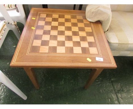 LIGHT WOOD OCCASIONAL TABLE WITH CHESSBOARD TOP AND SINGLE DRAWER