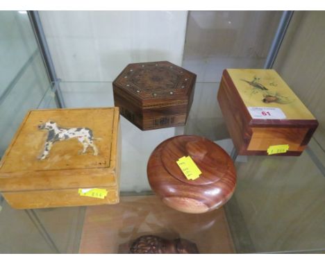 THREE WOODEN TRINKET BOXES WITH TURNED WOODEN POT WITH LID.