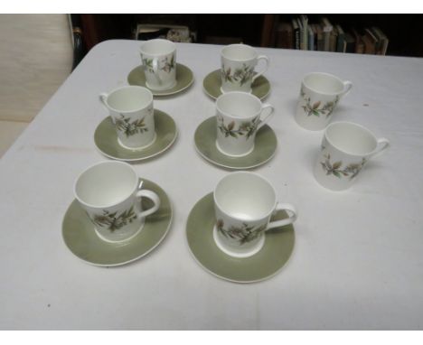 ROYAL ADDERLY BONE CHINA ARCADIA PATTERN COFFEE CUPS AND SAUCERS.