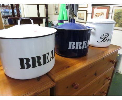 THREE ENAMEL BREAD CROCKS WITH LIDS