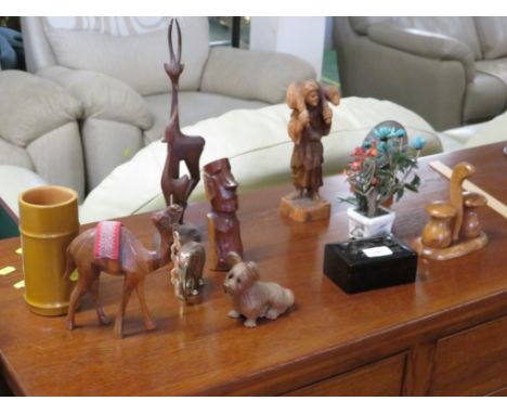 DECORATIVE ITEMS INCLUDING TREEN ANIMALS, LACQUERED TRINKET BOX, ETC