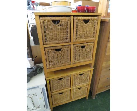 PAIR OF LIGHT WOOD FRAMED UNITS, EACH WITH FOUR WICKER DRAWERS