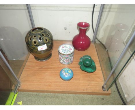 TWO POTTERY VASES, MALACHITE ORNAMENTS, AND TWO ENAMEL WARE TRINKET JARS