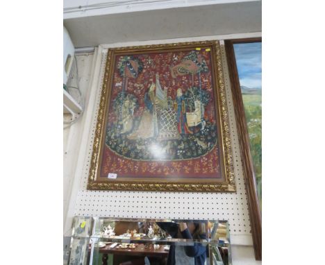 FRAMED TAPESTRY DEPICTING FIGURES WITH LION AND UNICORN