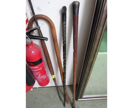 THREE VINTAGE WALKING CANES INCLUDING ONE WITH WHITE METAL CAP, AND A TRIBAL STYLE SPEAR