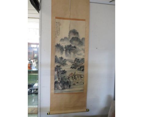 CHINESE SCROLL PAINTING DEPICTING LANDSCAPE AND BRIDGE