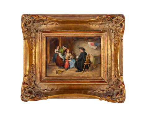 MALER DES 19.JH. "Die Verlesung des Schreibens" Öl auf Platte, monogra. "M.", HxB: 12/17 cm. Altersspuren, Farbverluste. Rahm