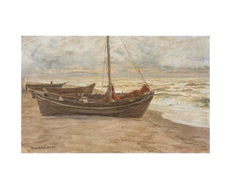 MALER 19. Jh., "Boote am Strand", u.li. undeutlich signiert 'Hans ...' und datiert 1896, Öl/Leinwand auf Holz aufgezogen, HxB