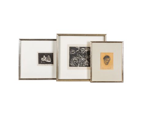 STIRNER, KARL (1882-1943), 1 Bleistiftzeichnung und 2 Holzschnitte, 1. "Skizze zu meinem Selbstbildnis", unterer Bildrand mit