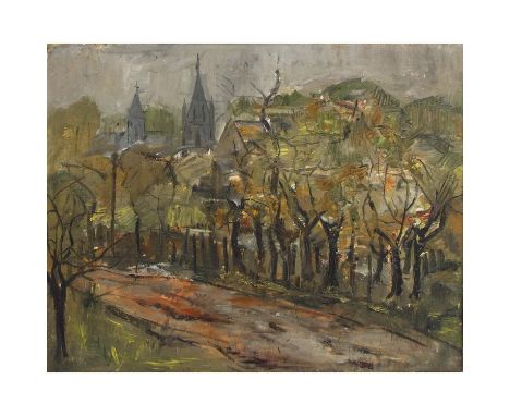 POLNISCHER MALER 1. Hälfte 20. Jh., "Allee vor der Kirche", und Häuser zwischen den Bäumen in einer kleineren Stadt, Öl/Leinw