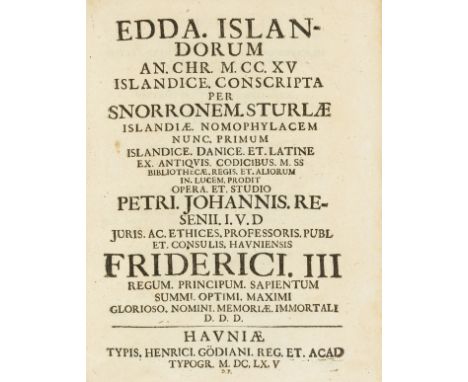 Icelandic sagas.- Resen (Peder Hansen) Edda Islandorum an. Chr. M.CC.XV Islandice conscripta per Snorronem Sturlae, 3 parts i