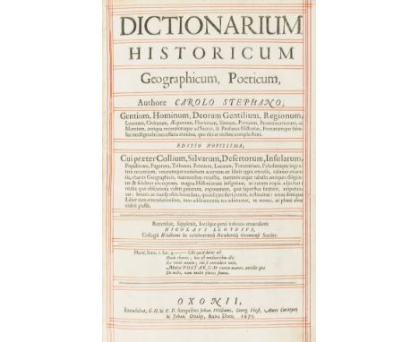 Estienne (Charles) Dictionarium historicum, geographicum, poeticum, title ruled in red, occasional light browning, contempora