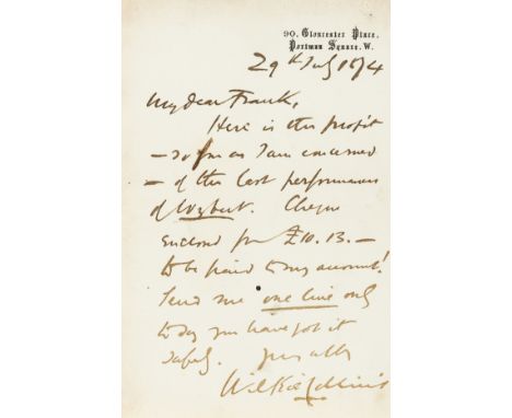 Collins (Wilkie, writer, 1824-89) Autograph Letter signed to "My Dear Frank", 1p., 8vo, Portman Square, [London], 29th July 1