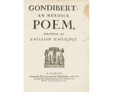 Davenant (Sir William) Gondibert: an Heroick Poem, first edition, title with woodcut printer's device, woodcut decorated init