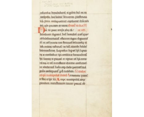 Pontifical.- Single leaf from a 12th century Romanesque English Pontifical, manuscript on vellum, single column of 18 lines, 