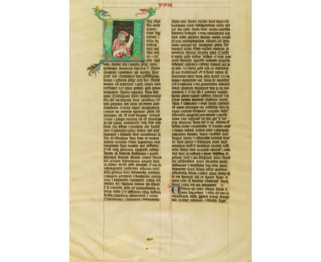 Miniature.- The Prophet Isaiah, in a historiated initial on a leaf from a Bible, illuminated manuscript on vellum, single lea