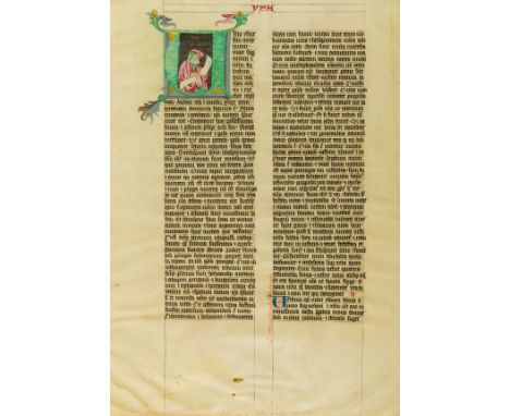 Miniature.- The Prophet Isaiah, in a historiated initial on a leaf from a Bible, illuminated manuscript on vellum, single lea