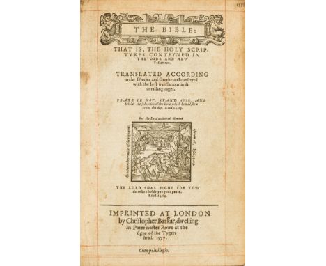 Bible, English. The Bible: That is The Holy Scriptures Conteyned in the Olde and the New Testament, double column, title with