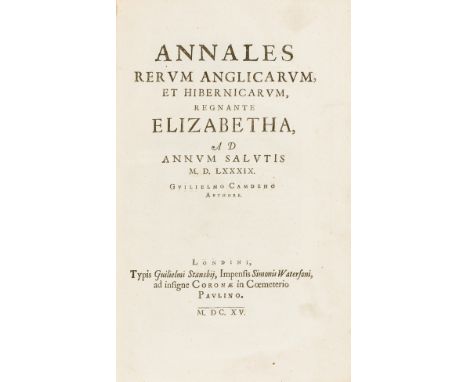 Camden (William) Annales Rerum Anglicarum, et Hibernicarum, Regnante Elizabetha, first edition, woodcut initials and headpiec