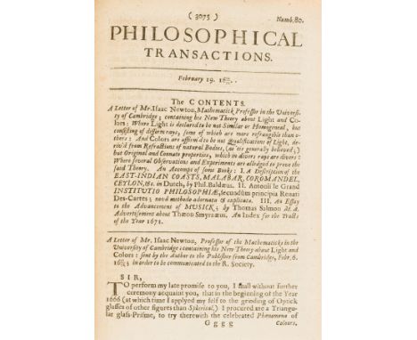 Newton (Sir Isaac).- Royal Society.- Philosophical Transactions: giving some Accompt of the Present Undertakings, Studies, an