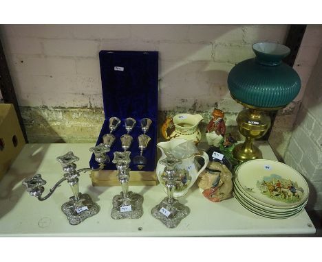 Mixed Lot of China, Sundries and Plated Wares, to include an oil lamp, Royal Doulton character jug of Gone Away, figure of fo