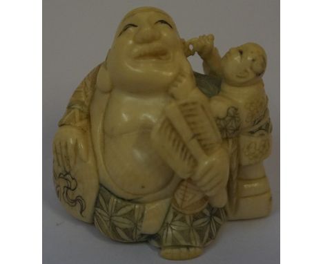 Japanese Ivory Netsuke, Pre 1947, Modelled as Hotei and Karako, Character marks to underside,