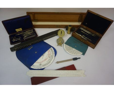 Mixed Lot of Architectural Instruments, to include cased drawing instruments, Lensatic compass, timber calculator paper rules