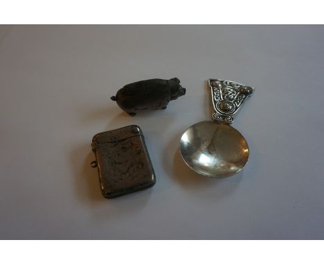 Silver Pin Cushion, Modelled as a pig, also with a Scottish silver Celtic design caddy spoon, and a Victorian silver vesta ca