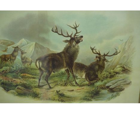 After Landseer "The Kill" Print, circa early 20th century, also with a similar print of stags, 34.5cm x 47cm, framed in oak, 