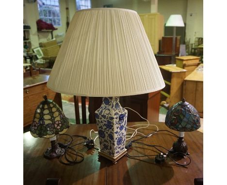 Two Tiffany Style Table Lamps, with shades, also with a Chinese style pottery vase / lamp with shade, (3)