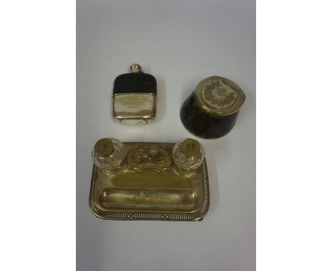 White Metal Horseshoe Inkwell, also with a white metal hip flask and deskstand, (3) 