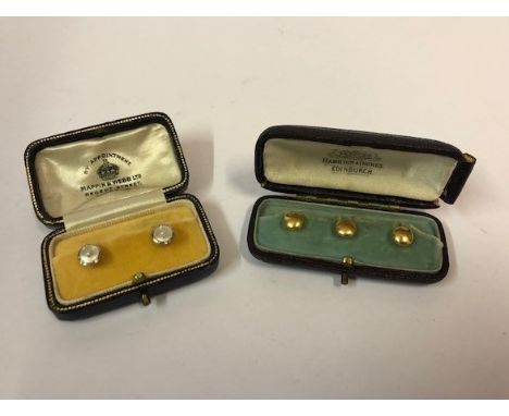 Set of 18ct Gold Dress Studs, boxed, also with a boxed set of 9ct gold dress studs, having pearl insets, (a lot) 