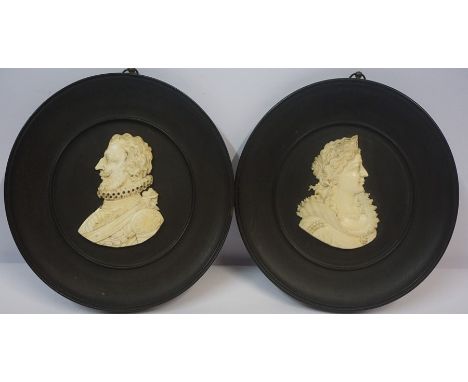 Pair of Ivory Dieppe Portrait Miniatures, Pre 1947, Modelled as Henry IV of Spain and his wife Marie De Medici, raised on ebo