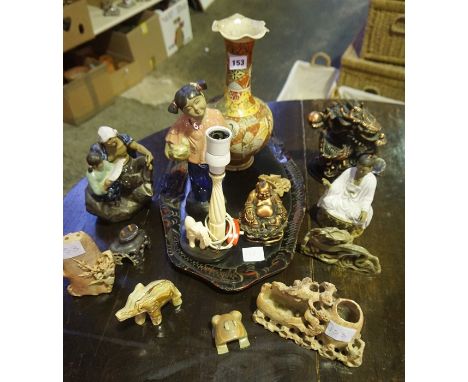 Mixed Lot of Oriental Collectables, to include soapstone items, Kutani vase, figures etc, also with a converted ivory table l