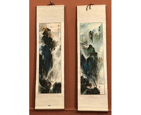 Two Chinese Scroll Watercolours, signed, also with a Chinese picture on rice paper, signed, (3)
