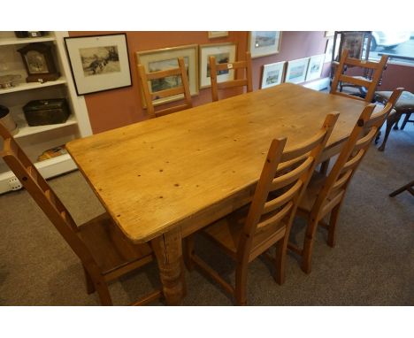 Antique Pine Farmhouse Table, also with a set of six pine ladder back chairs, (7)