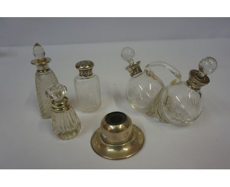 Mixed Lot of Silver Mounted Toilet and Cruet Bottles, to include a glass cruet bottle, also with a silver inkwell, (5)