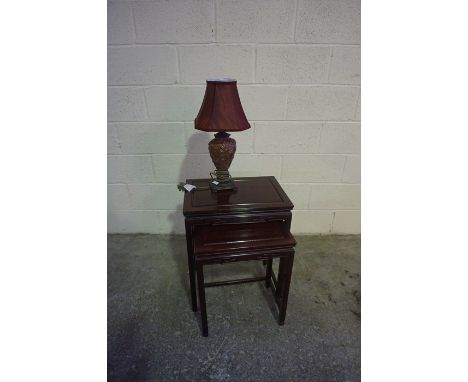 Nest of Two Chinese Style Hardwood Tables, also with a table lamp, (3)